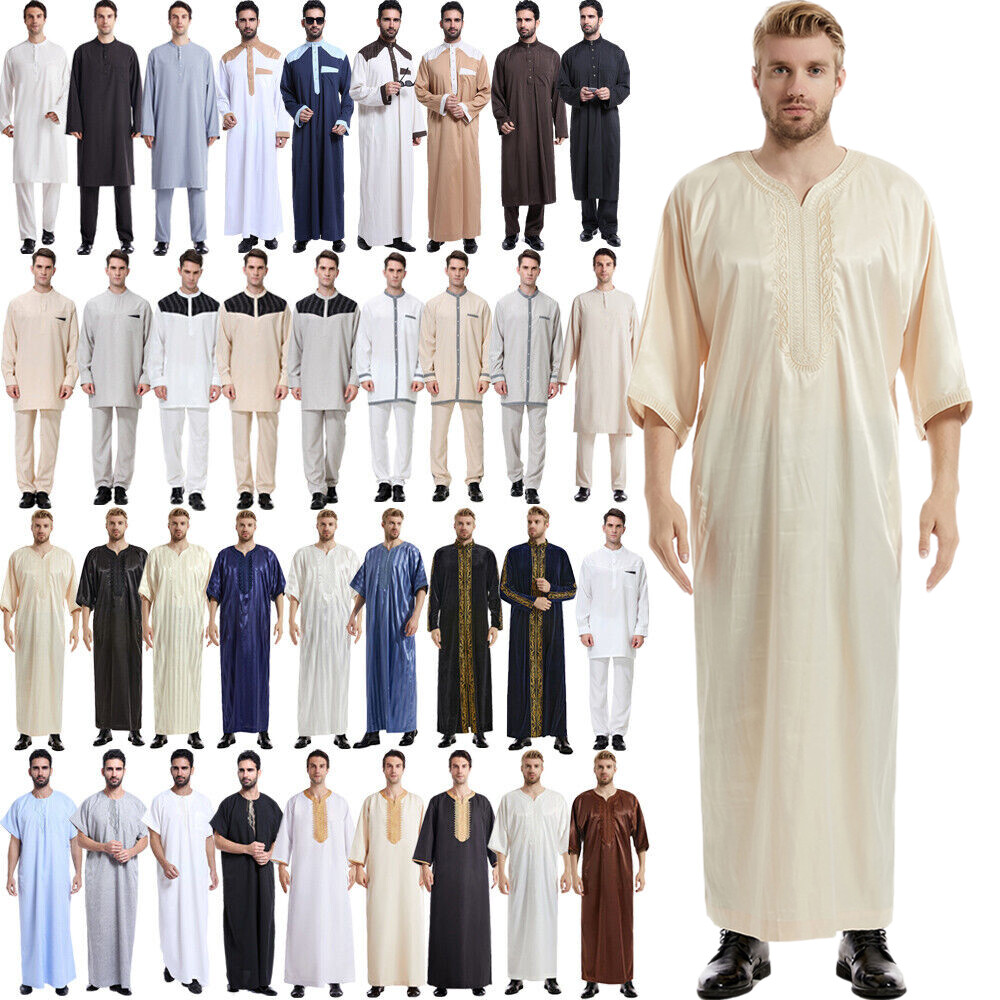 Kaftan Men Saudi Arab Thobe Thoub Abaya Robe Muslim Dishdasha Long Dress Ramadan