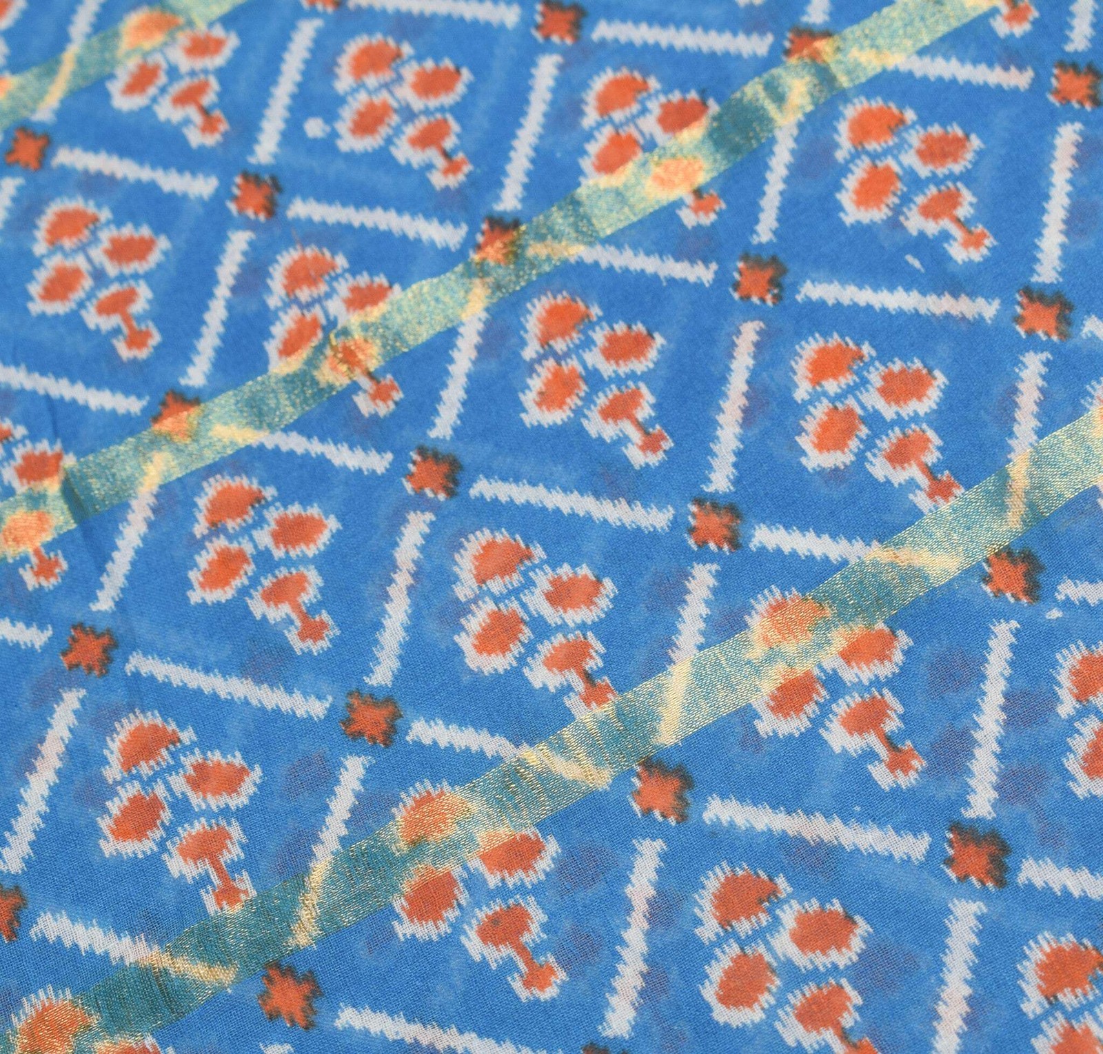 Sushila Vintage Ikat Print Saree Turquoise Blue Pure Cotton Soft Craft Fabric