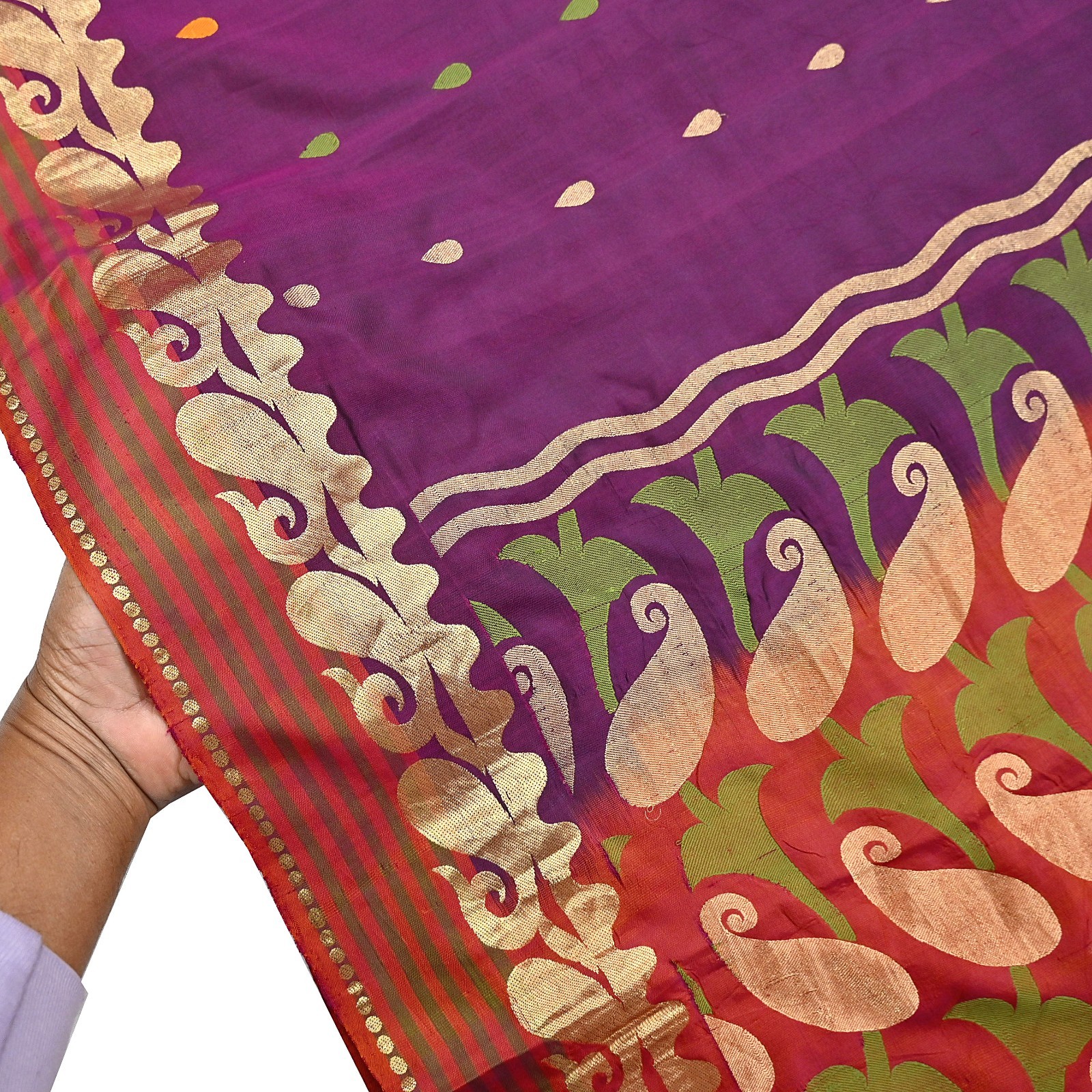 Indian Vintage Heavy Sari Purple & Orange Hand Woven Sarees 100% Pure Silk Zari
