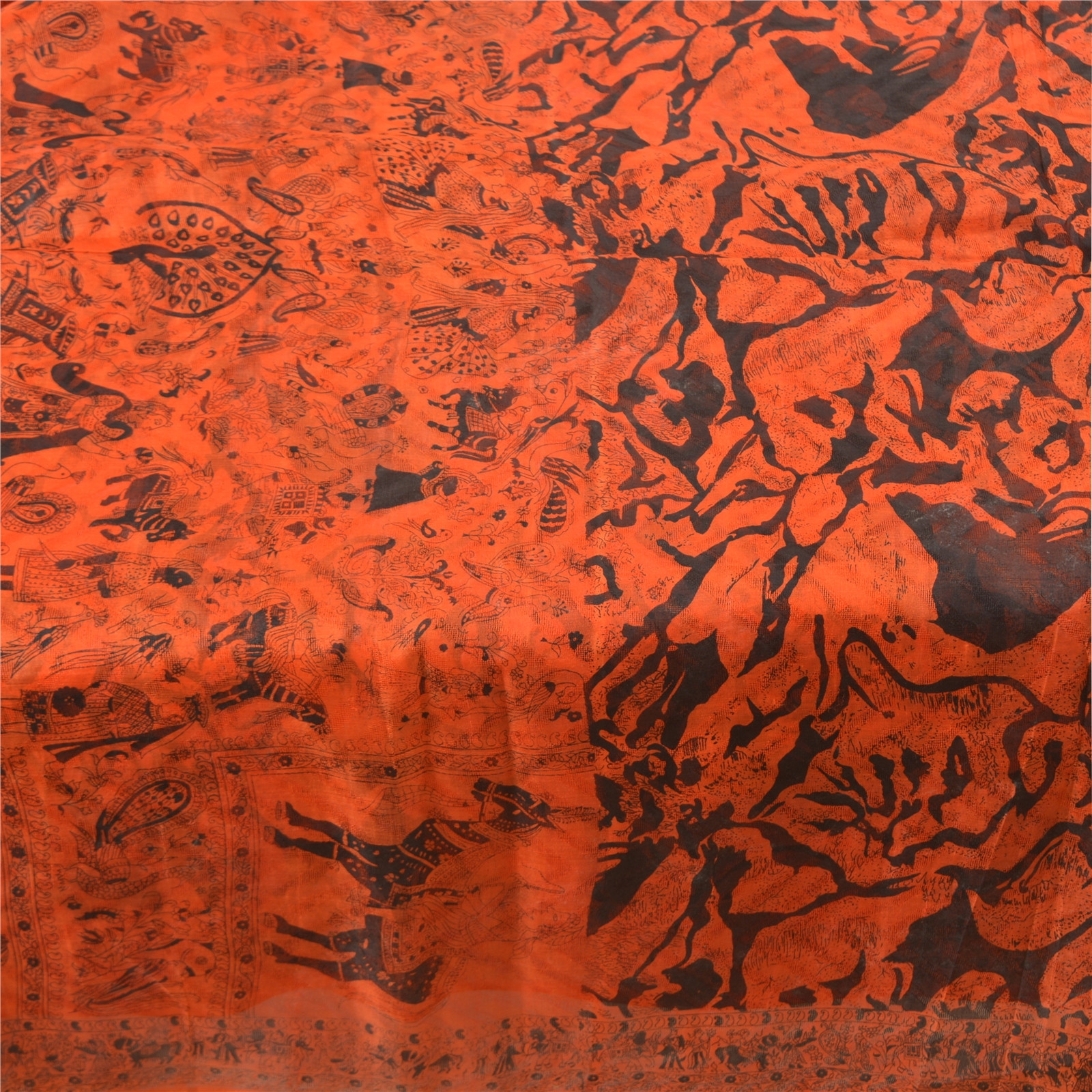 Sanskriti Vintage Orange/Black Sarees Pure Silk Human & Animal Print Sari Fabric