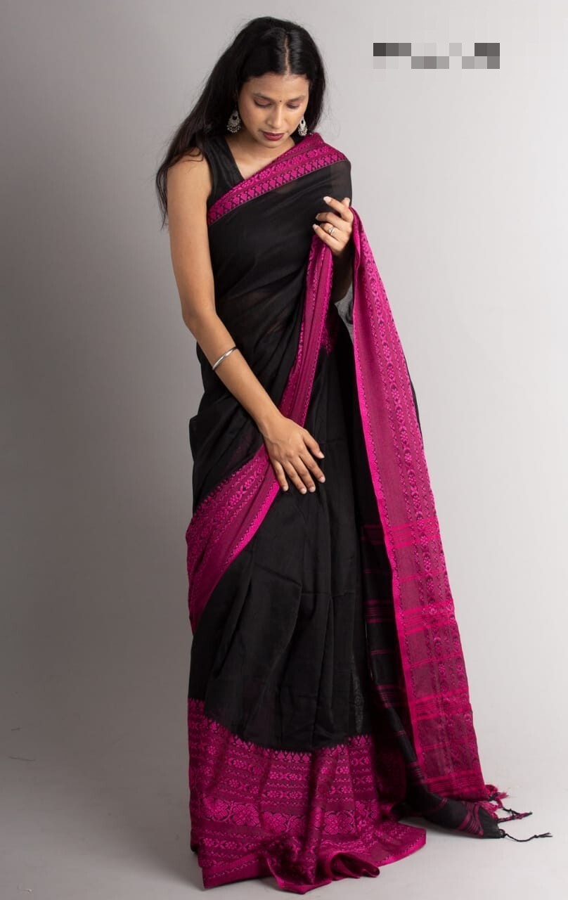 Woven Handloom Pure Cotton Saree (Black, Pink)