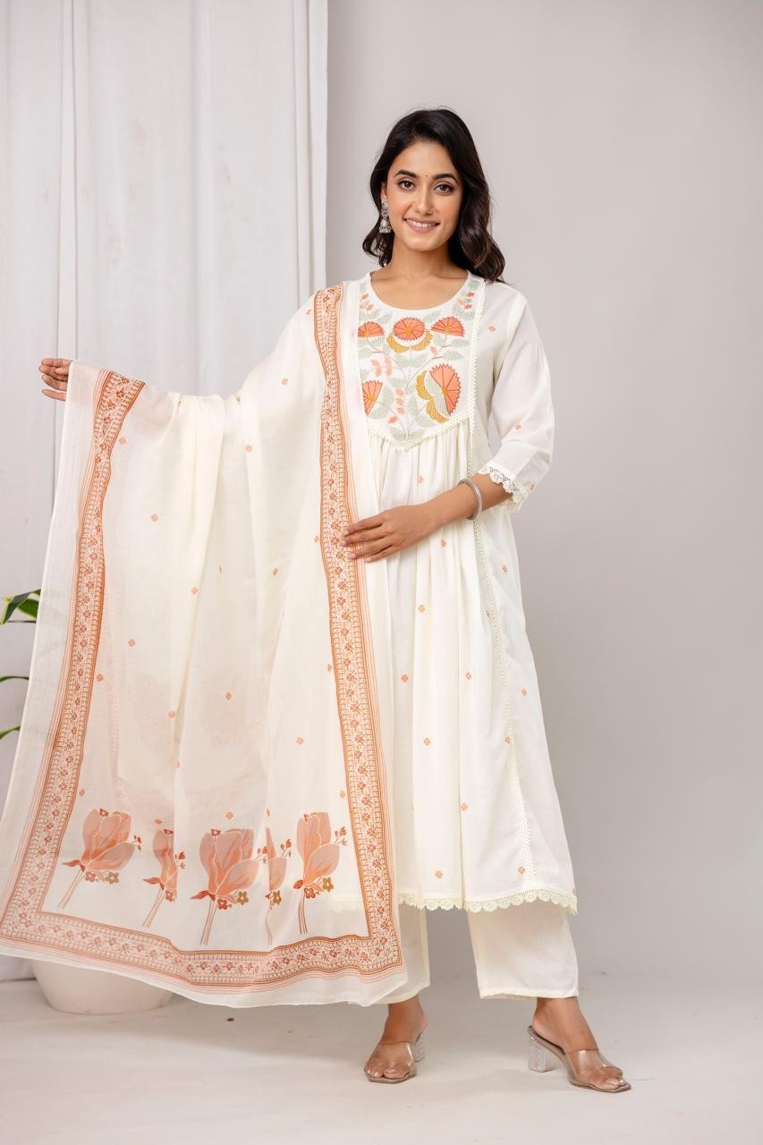 Women’s Pure Cotton Ethnic Floral Anarkali Suit Set with Printed Dupatta 3-Piece