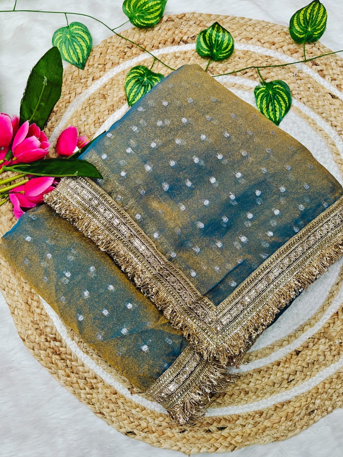 Shimmer Organza Silk Saree Heavy Golden Fringe Border Party Wear Sari Women Silk