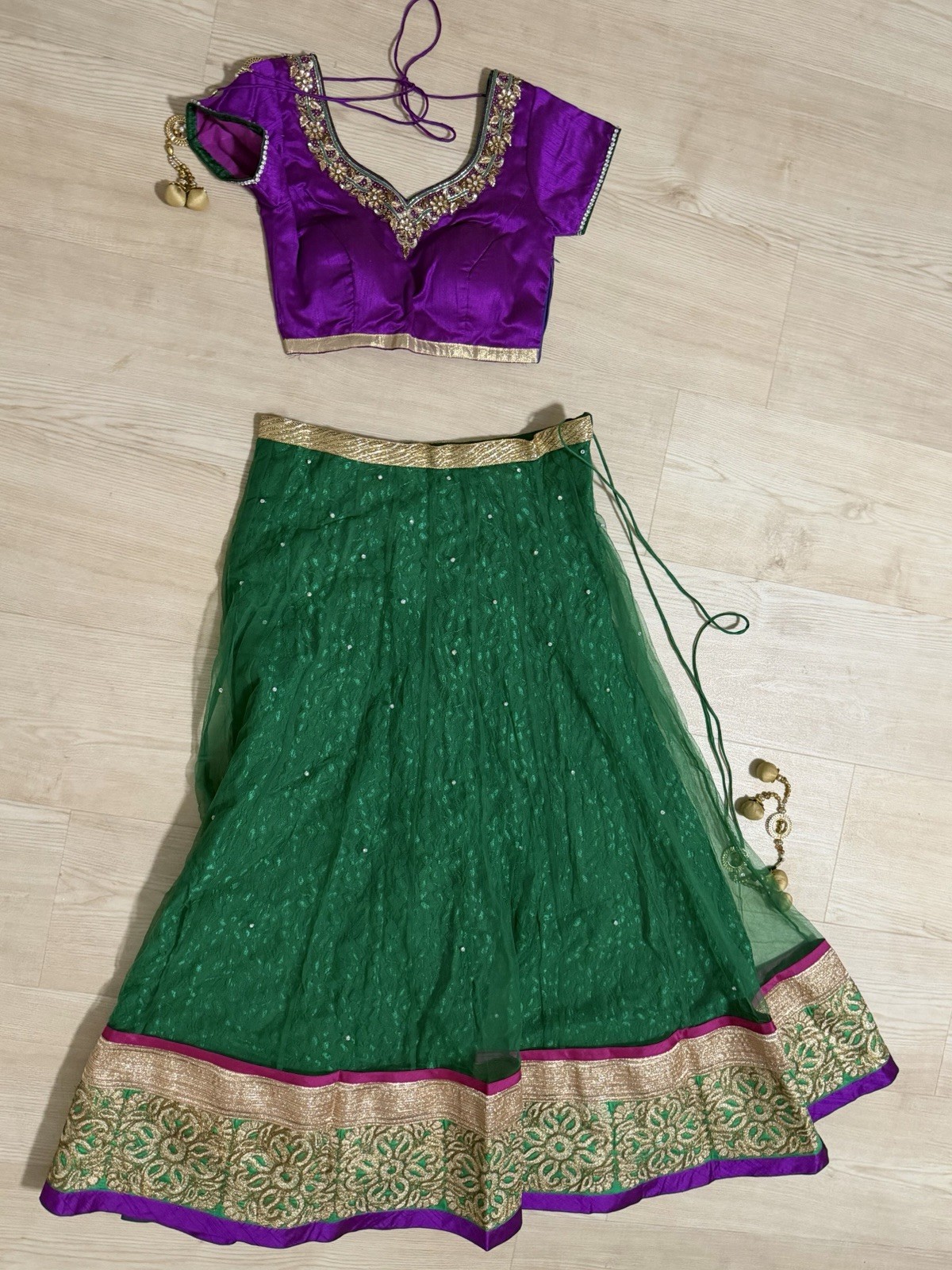 Designer Purple and Green Lehenga Choli Set with Gold Embroidery