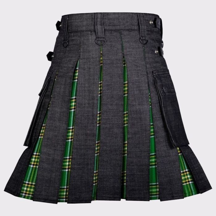 Black Denim Hybrid Scottish Utility Tartan Kilt with Adjustable Strap.