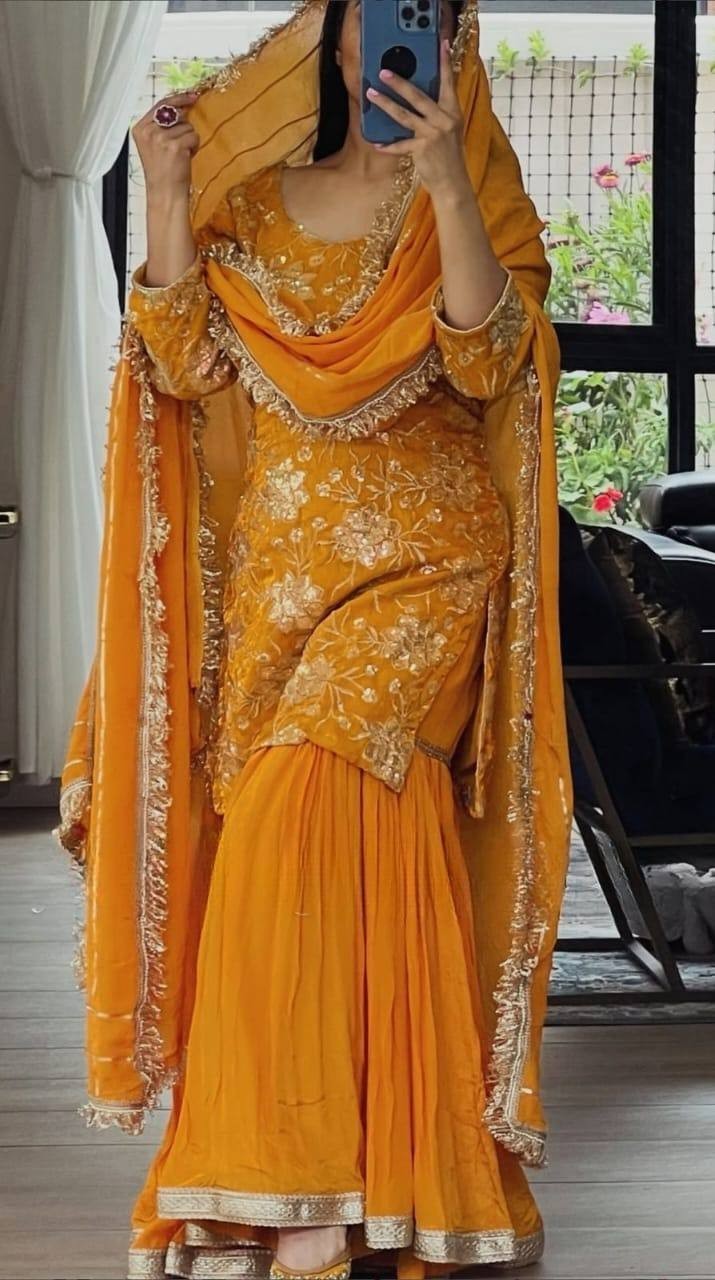 Latest New Natural Crep Yellow Top Palazzo With Dupatta For Wedding Wear