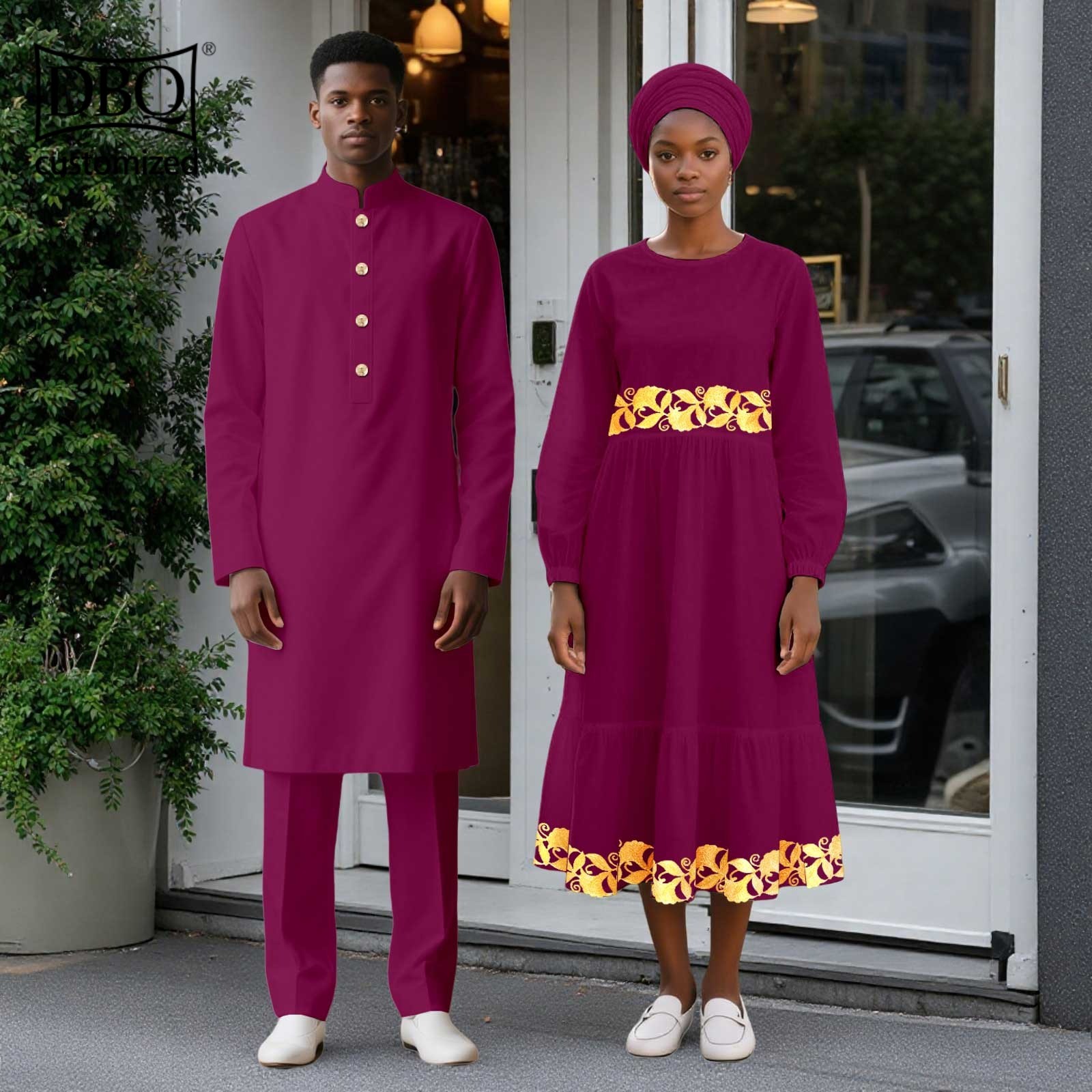 African Wedding Clothes Men Long Jacket Pants Set Women Midi Dress with Headwrap