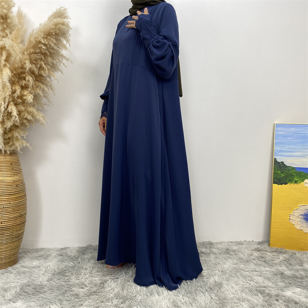 Women Loose Robe Muslim Dress Kaftan Solid Color Lace Sleeve Abaya Simple Burqa