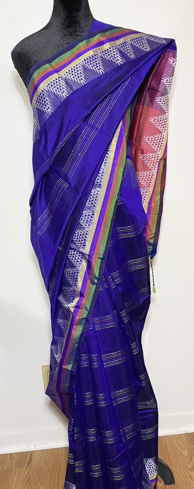 Indian Multicolored Handwoven Saree With Zari Border Silver Zari Kanchi Border