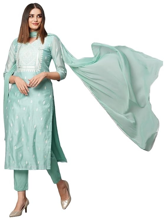 Women Blue Plus Size Floral Printed Indian Cotton Kurta Top & Pant With Dupatta