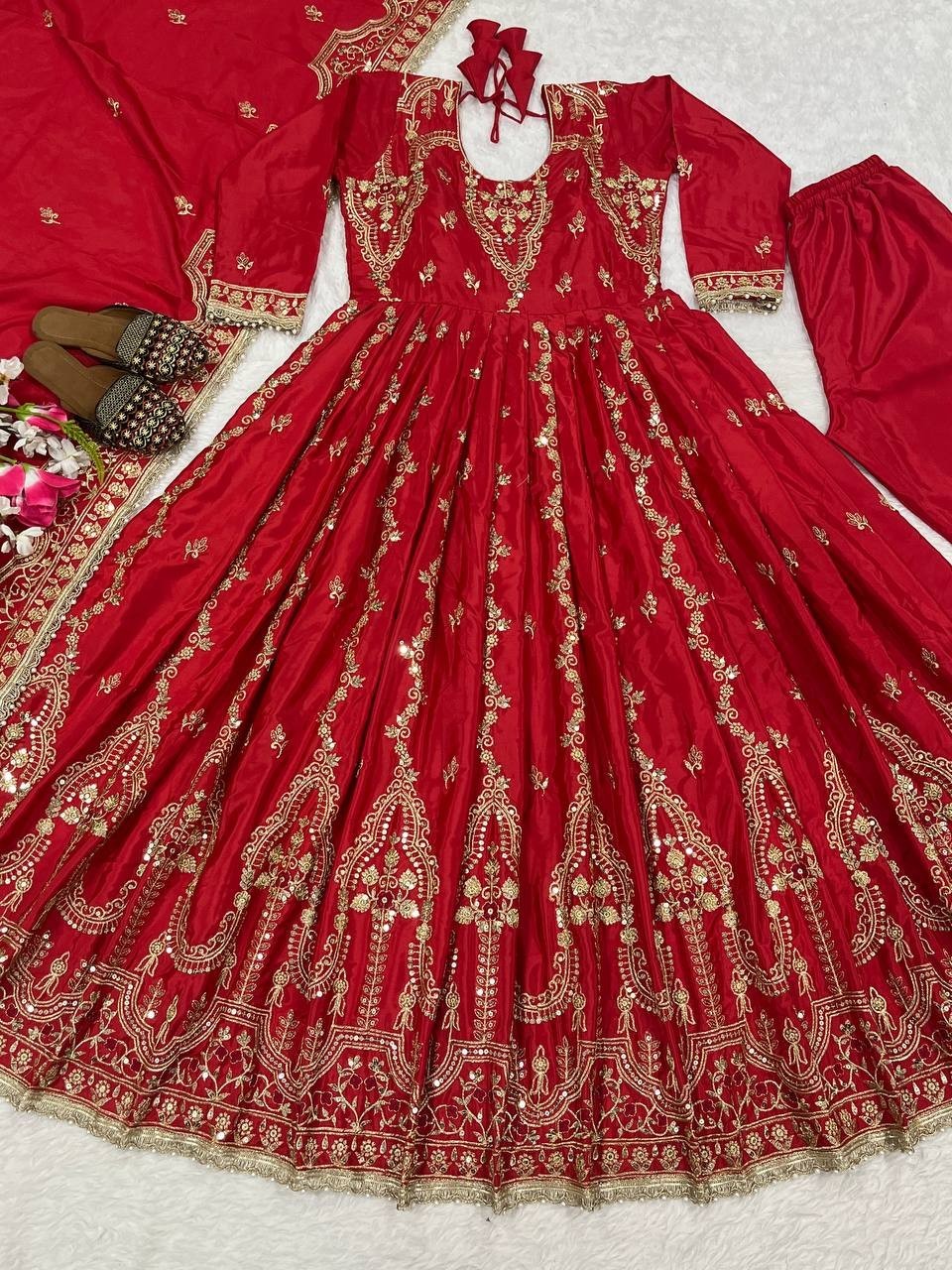 Stylish Heavy Natural Crepe Red Gown Bottom With Dupatta For Women Festival