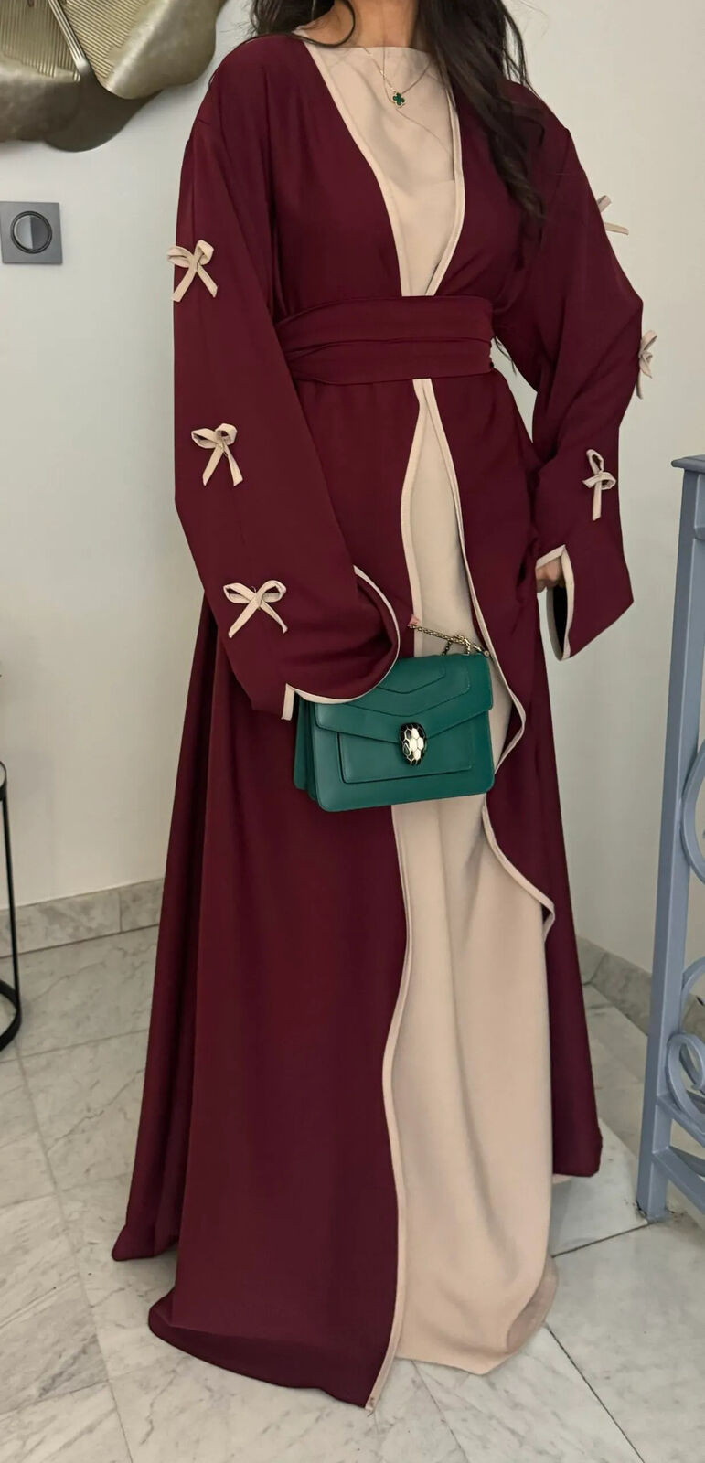 Muslim Eid Gown Modest Abaya Women Bow Batwing Sleeve Kaftan Dress Waist Robe