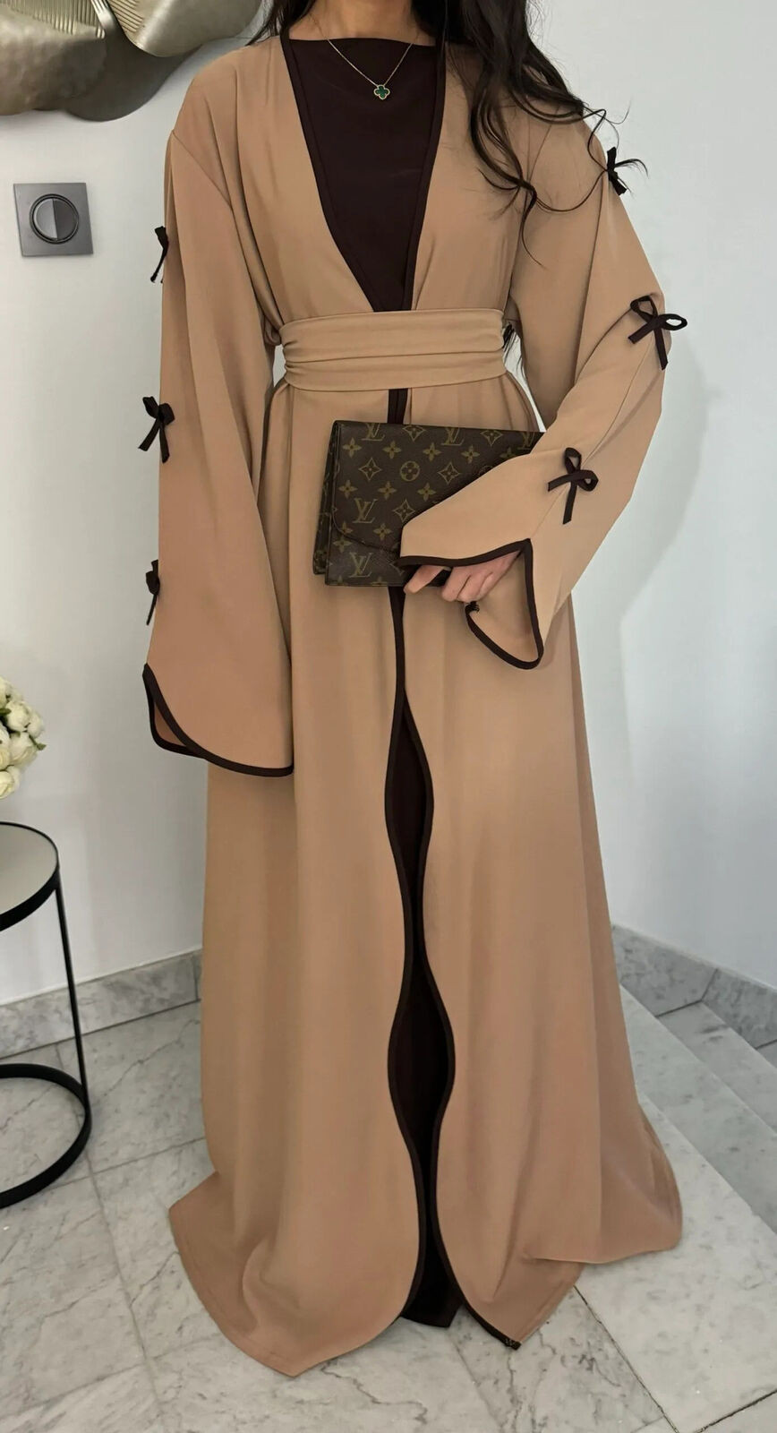 Muslim Eid Gown Modest Abaya Women Bow Batwing Sleeve Kaftan Dress Waist Robe