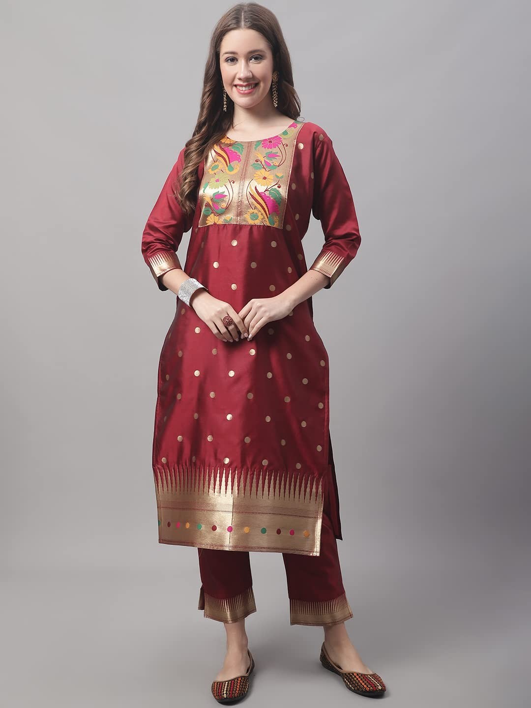 Women’s Cotton Silk Jacquard Straight Kurta with Pant & Banarasi Silk Dupatta