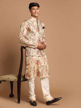 Beige Printed Nehru Jacket And kurta With Cream Solid Pyjama Set