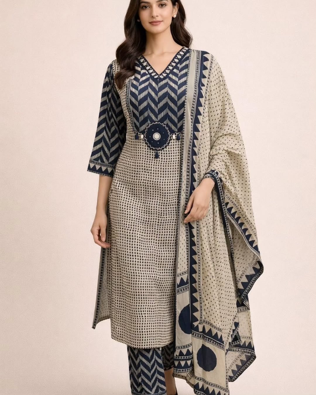 Indian Pakistani Heavy Cotton Kurta Set Women Party Wear Kurti Pant Dupatta Set