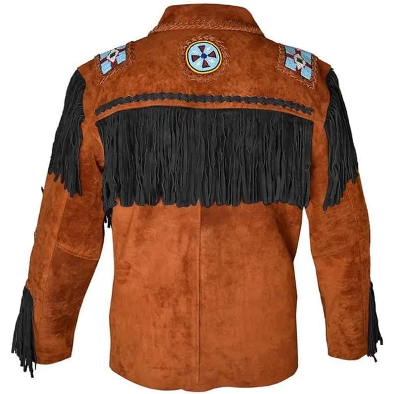 Western Cowboy Jacket Cowhide Brown Leather Fringe Beads Native American Style