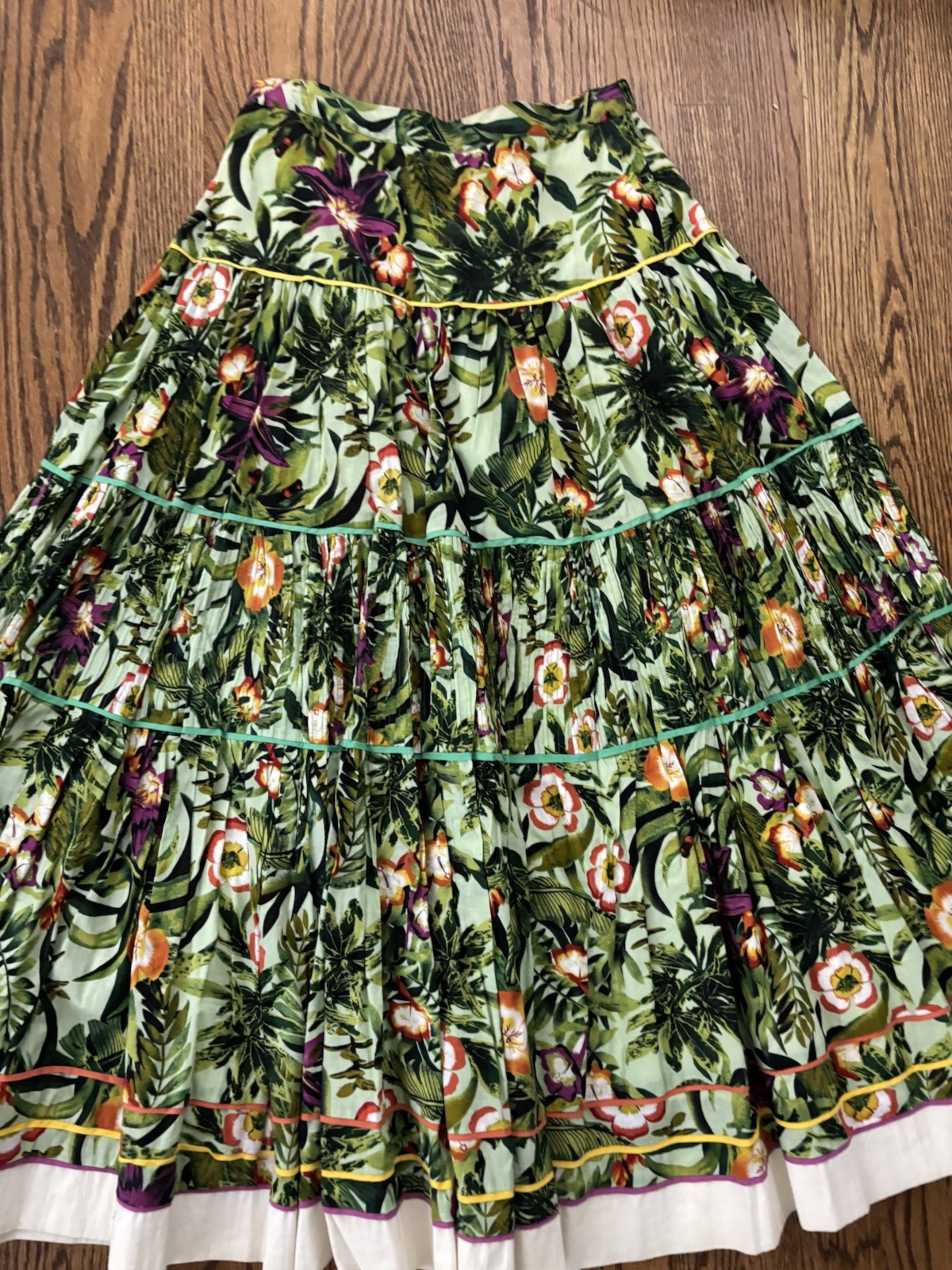 Vintage Green Tropical Floral Tiered Gypsy Lace Trim Festival Skirt Small