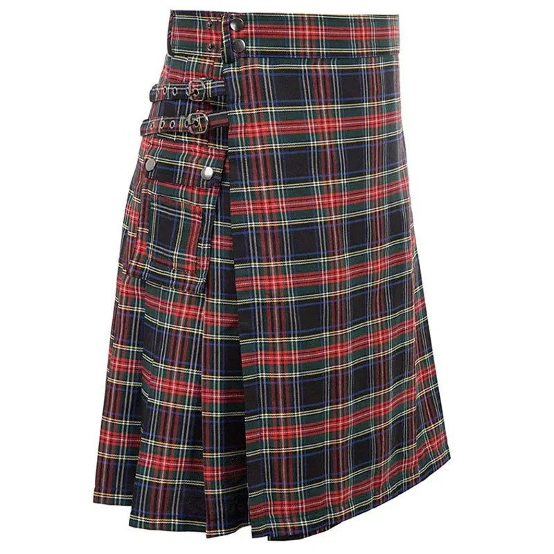 Utility Kilt Short Pants Men Tartan Pleated Strip Skirt Celtic Scottish Medieval