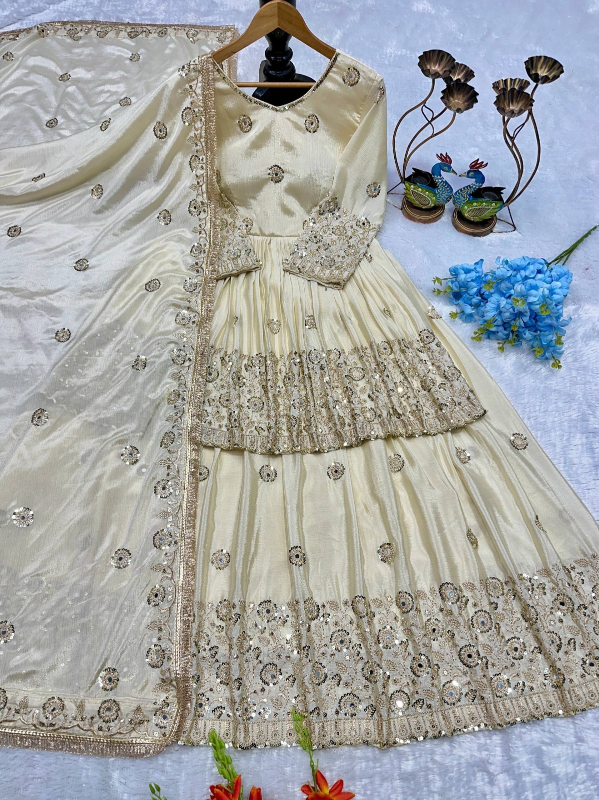Ethnic Designer Off White Chinnon Silk Top Lehenga With Dupatta For Women