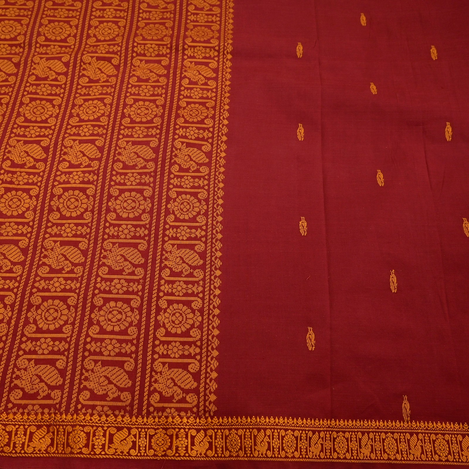 Indian Vintage Sari Maroon & Cream Blend Cotton Hand Woven Baluchari Saree 5yd