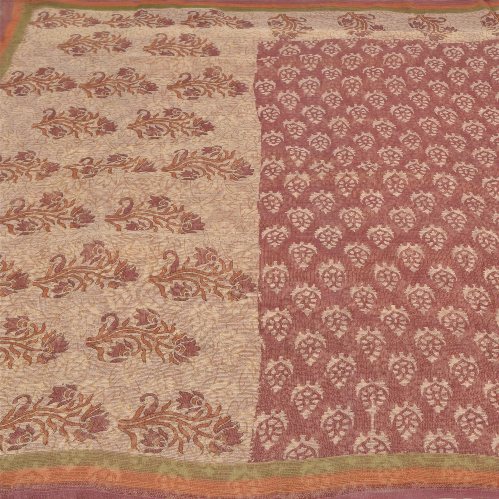 Sanskriti Vintage Brown Indian Sarees 100% Pure Silk Printed 5 Yard Sari Fabric