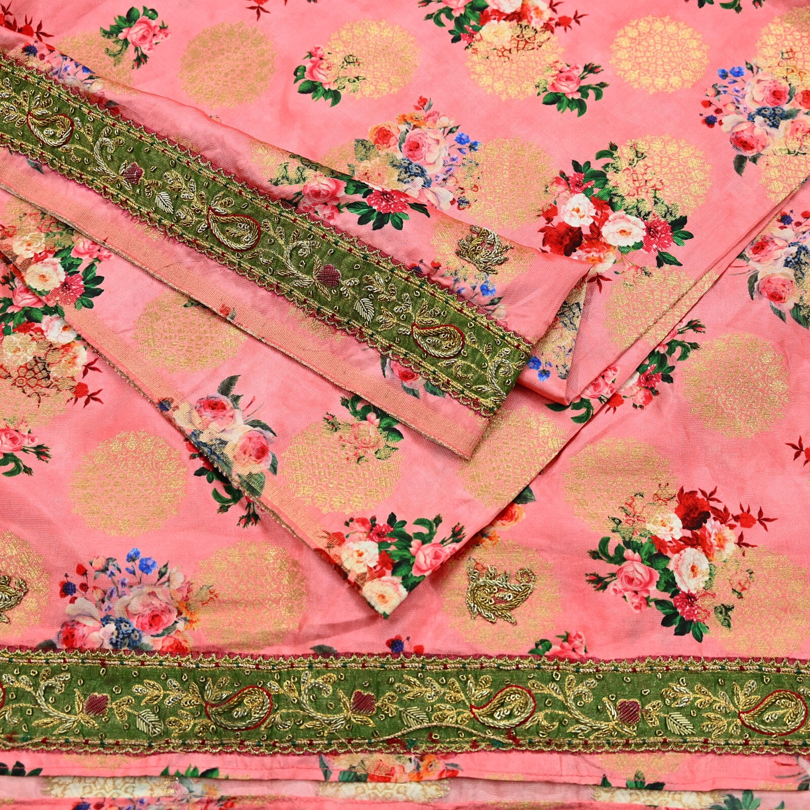 Vintage Peach Sarees Hand Embroidered Woven Brocade Sari Fabric 6Yd Sewing Dabka