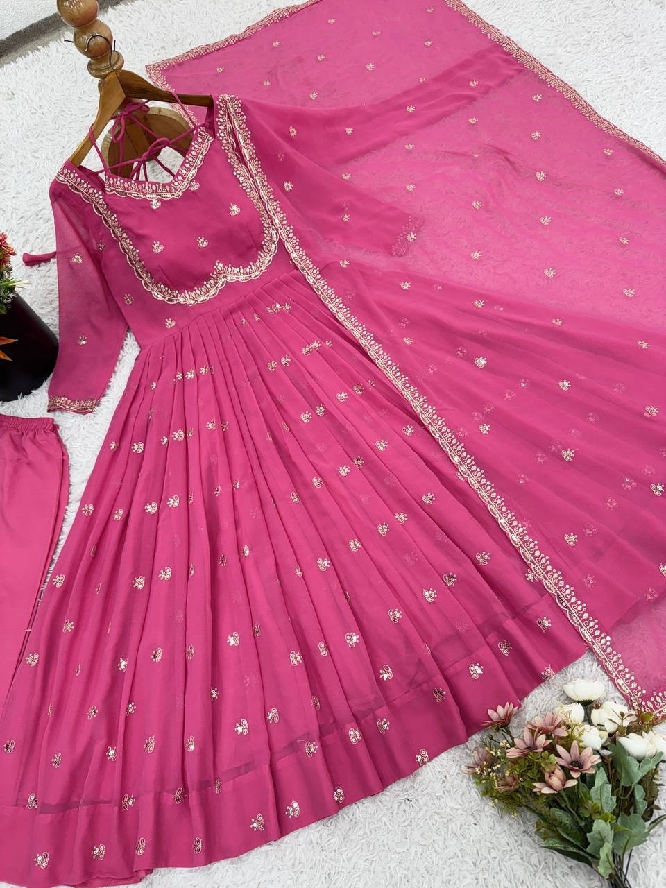 Stylish New Heavy Faux Georgette Gown Bottom With Pink Dupatta For Engagement