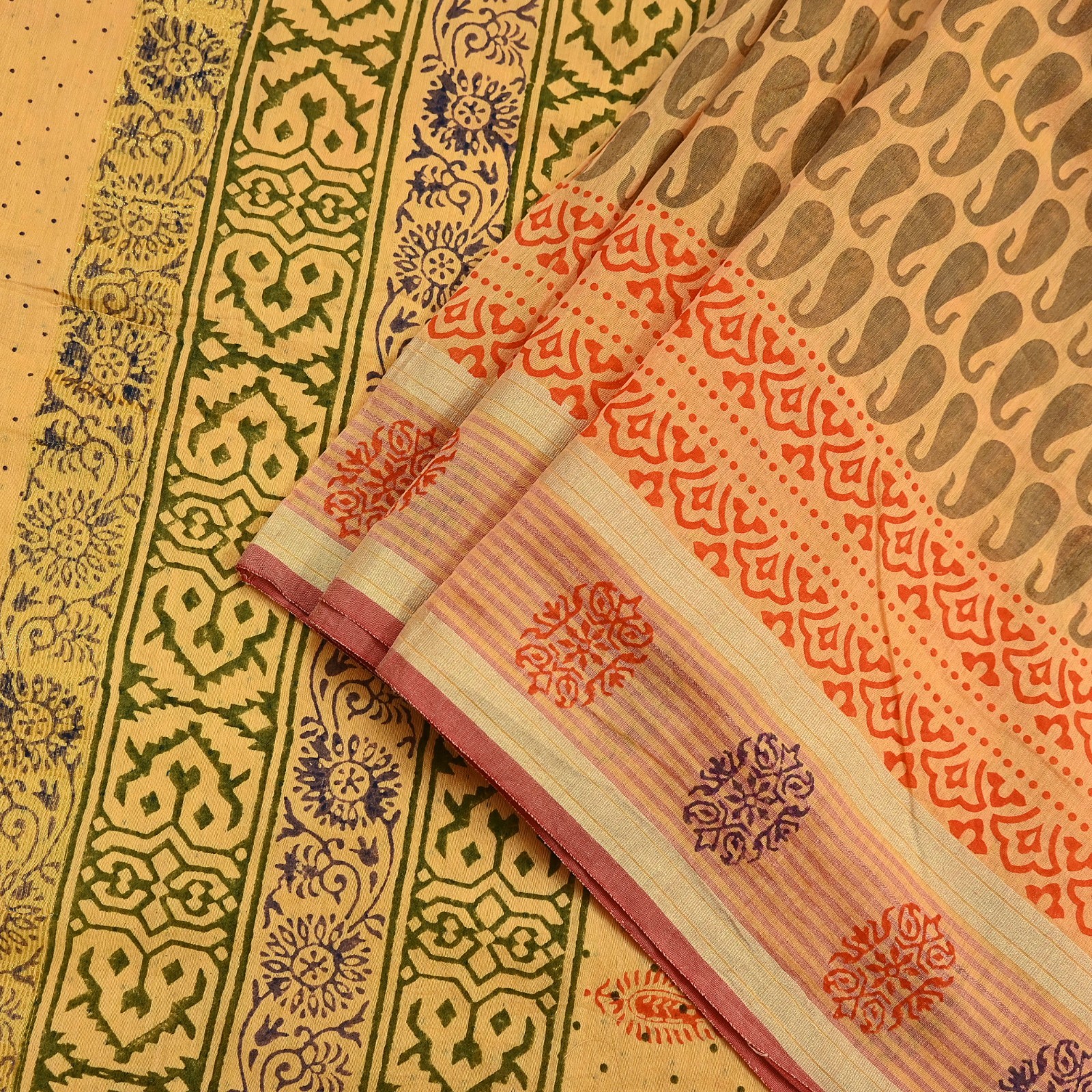 Indian Vintage Yellow Block Printed Pure Chanderi Silk Saree Floral Zari Fabric