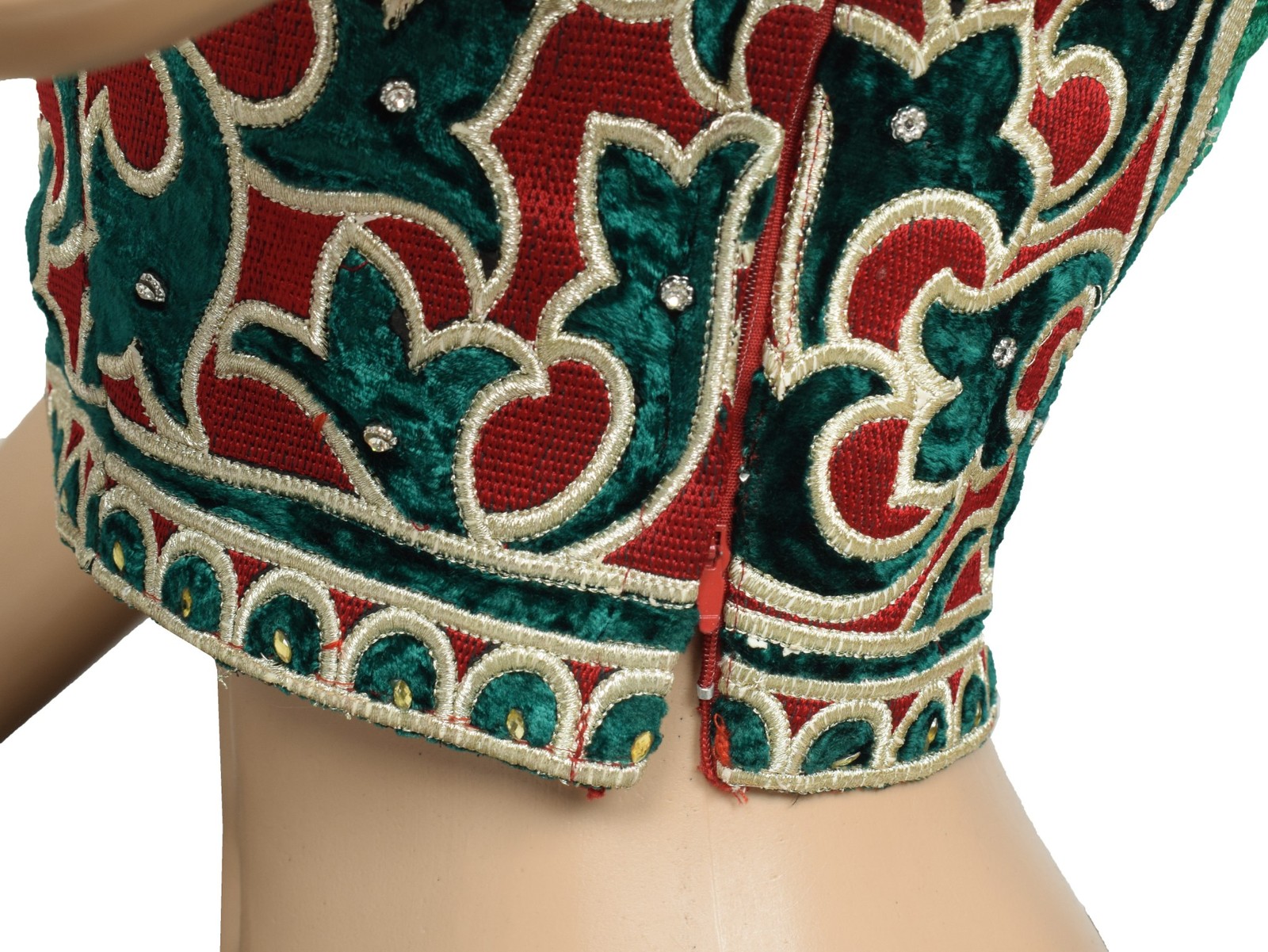 Sushila Vintage Red Green Stitch Sari Blouse Velvet Embroidered Designer Top 34″