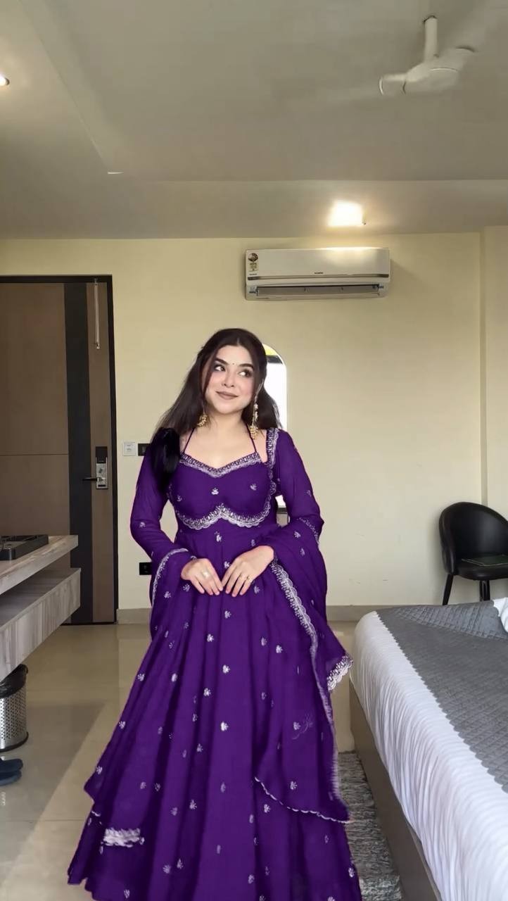 Latest New Heavy Faux Georgette Gown Bottom With Purple Dupatta For Wedding
