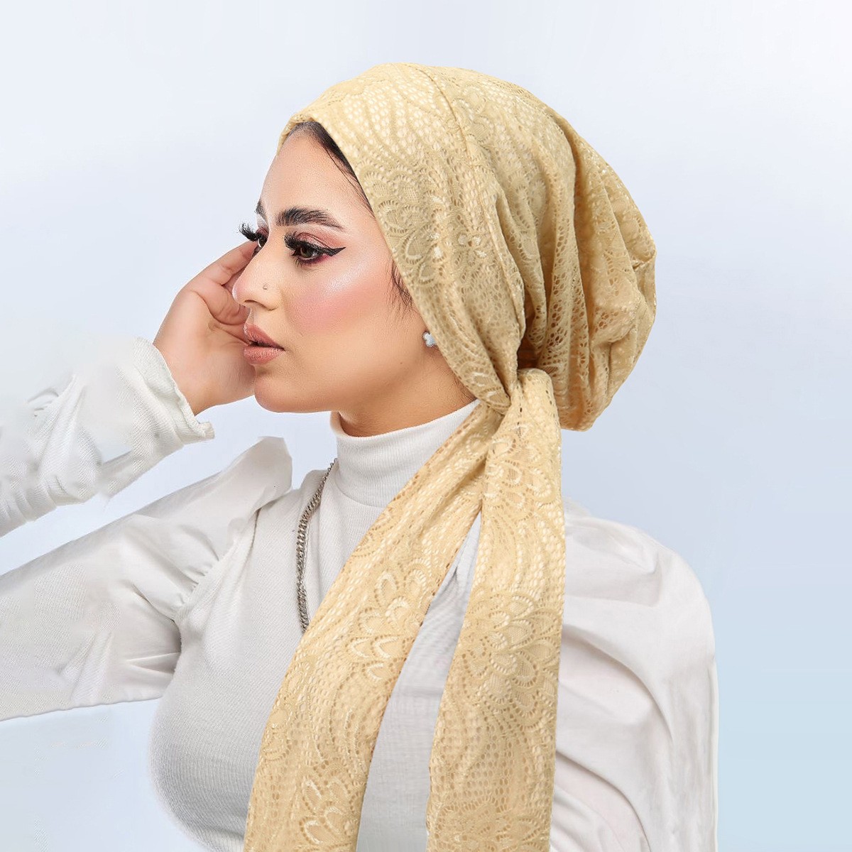 Solid Color Lace Women Turban Cap Elegant Muslim Fashion Strap Hollow Out Scarf