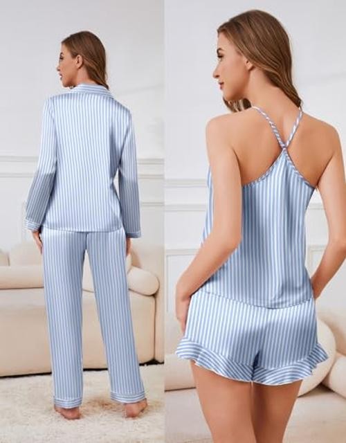 Satin Silk Pajamas for Women Set 5PCS Classic Button Down Large Blue Stripe