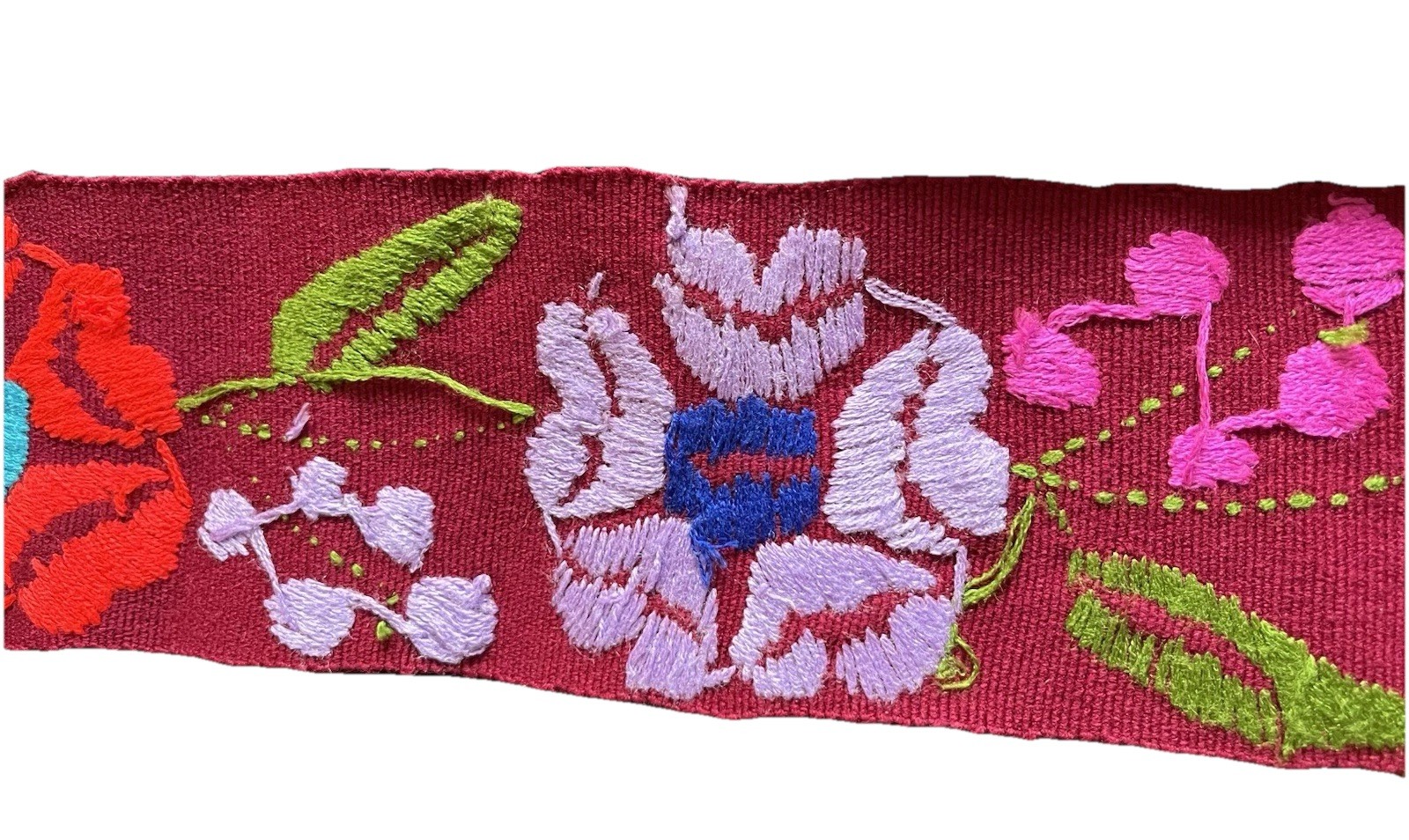 Tie Belt Embroidered Burgundy With Multicolor Flowers 35” Long 4” Wide 22” Ties