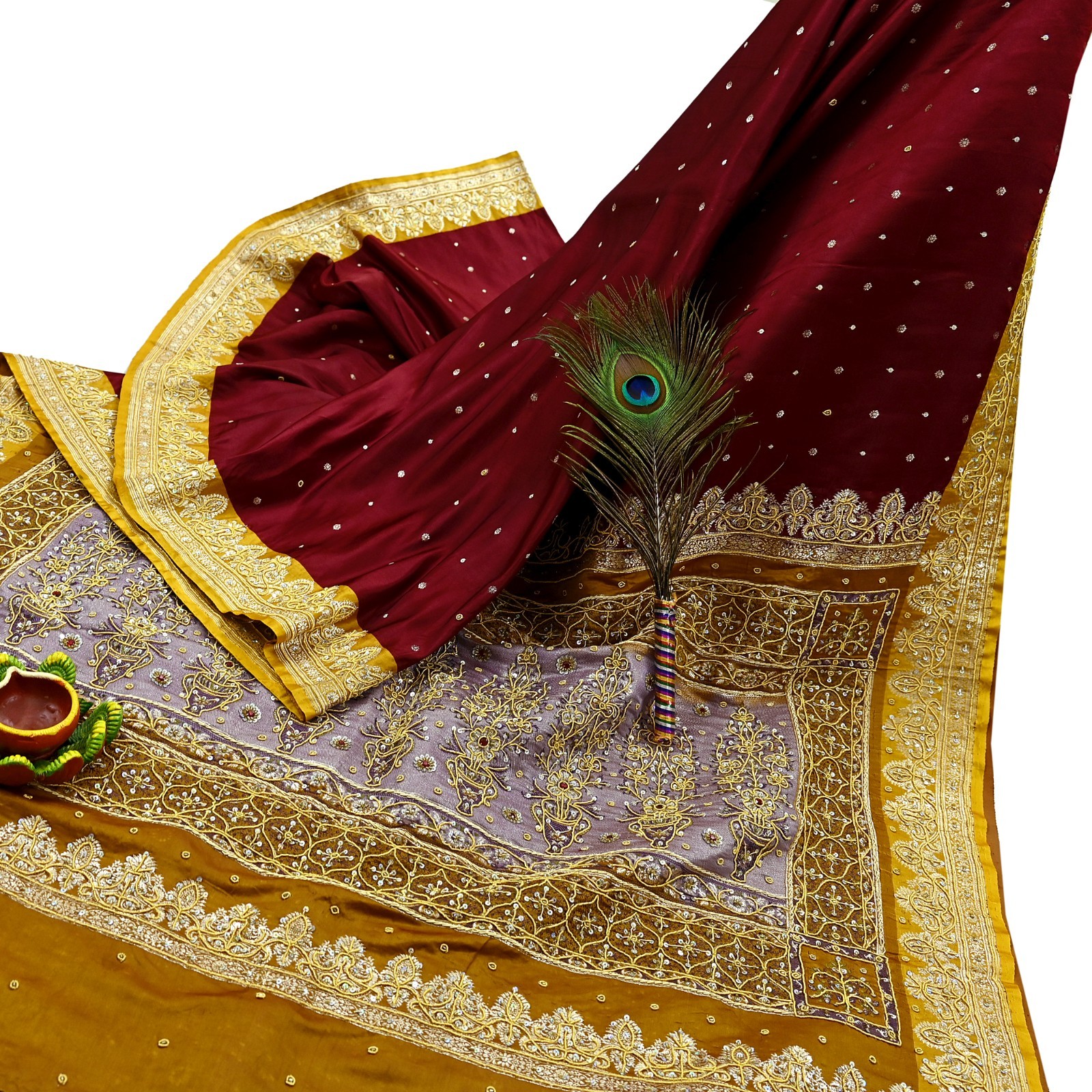 Vintage Heavy Saree Pure Satin Silk Hand Embroidered Banarsi Brocade Sari Dabka