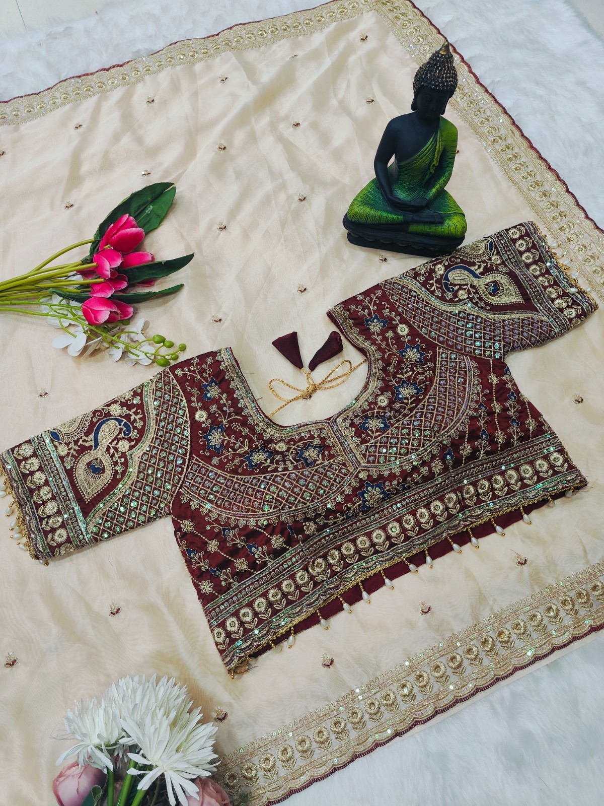 Off White Organza Saree Heavy Embroidered Designer Maroon Blouse Wedding Wear