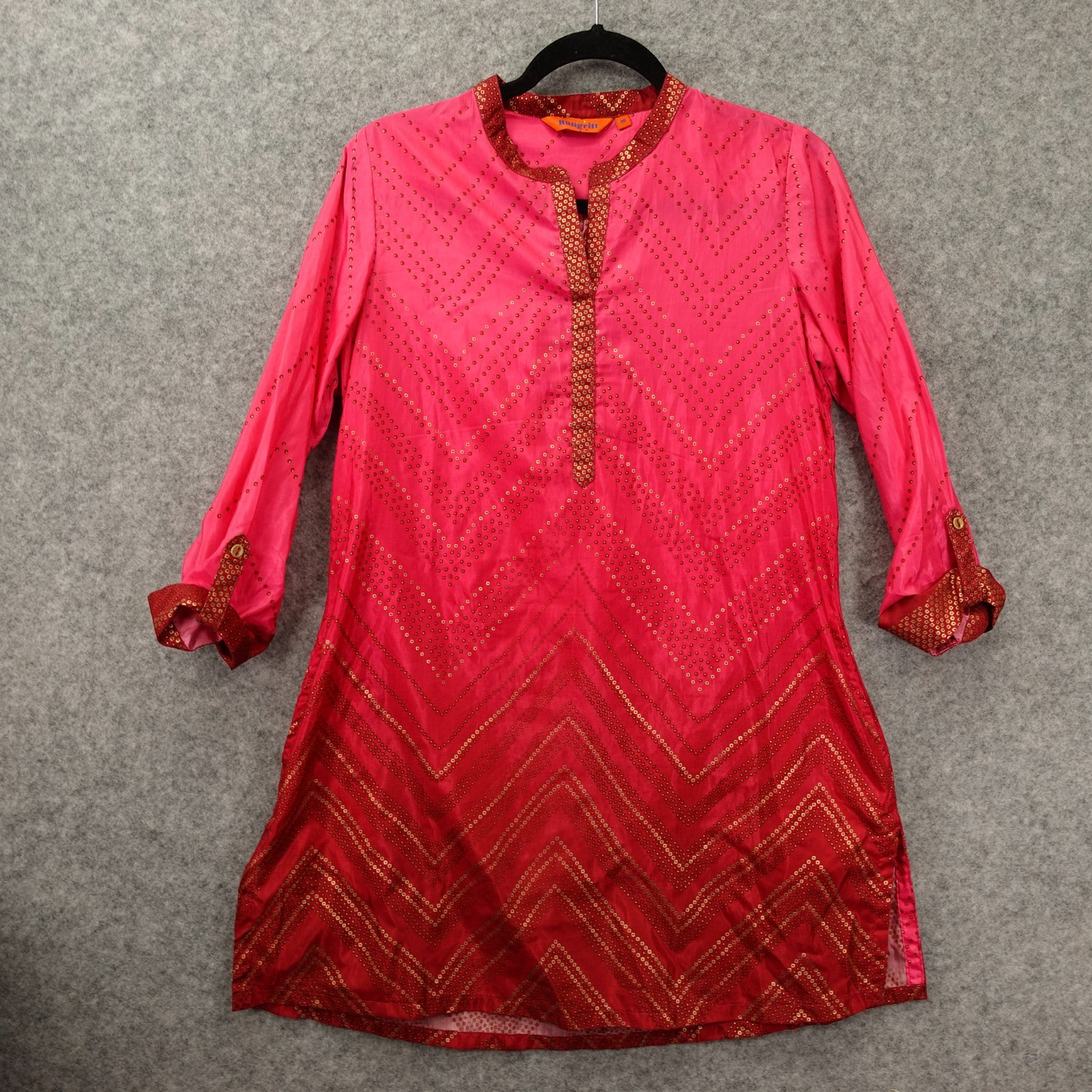 Kurta Tunic Top Womens SMALL 36 Pink Chevron Dot Fuschia Long Indian RANGRITI