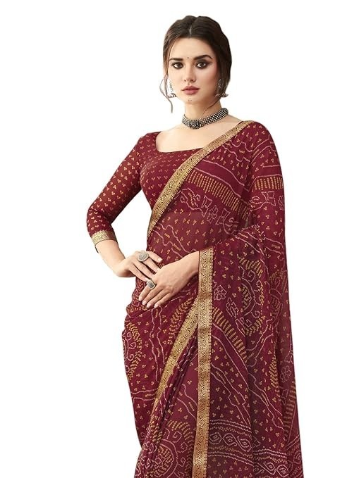 Women’s Bandhani Printed & Lace Chiffon Saree with Blouse