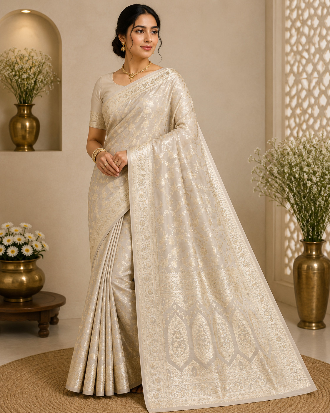 Pure Katan Silk Banarasi Saree, Ivory White Handwoven Gold Zari Bridal Wear