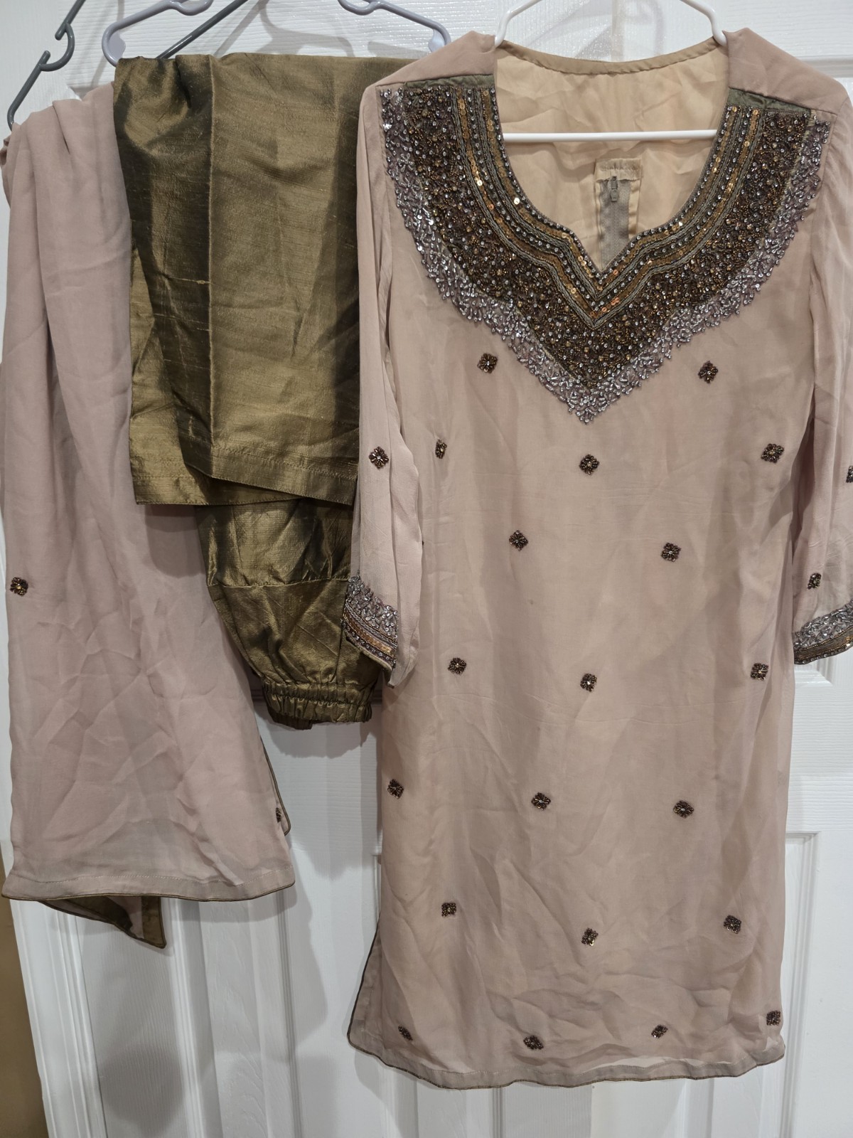 Embroidered Salwar Kameez Suit Silk Shalwar Kameez Dupatta Khaki M 19.5″ Chest