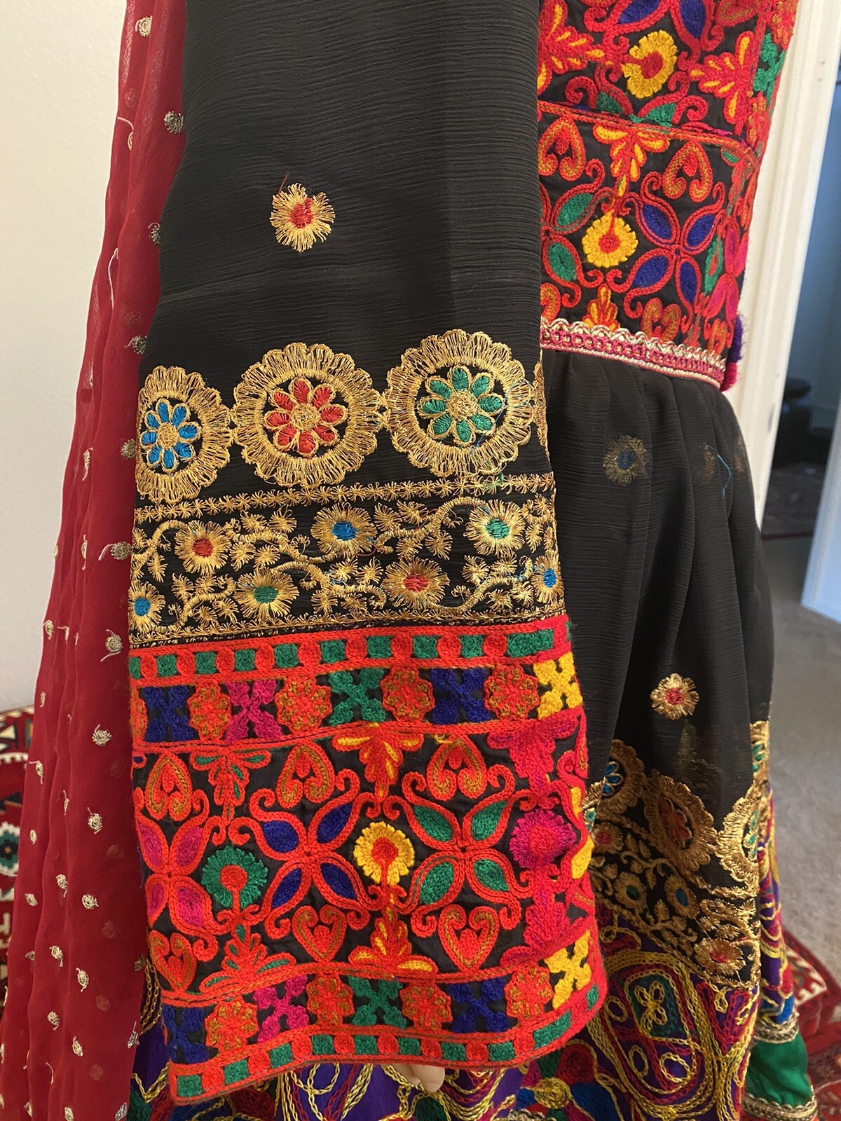 Afghan Black Dress With Red Pant And Red Scarf Large Size