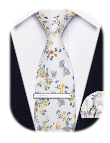 Cotton Floral Tie for Men 2.5″ Printed Skinny Necktie Pocket Square Tie White
