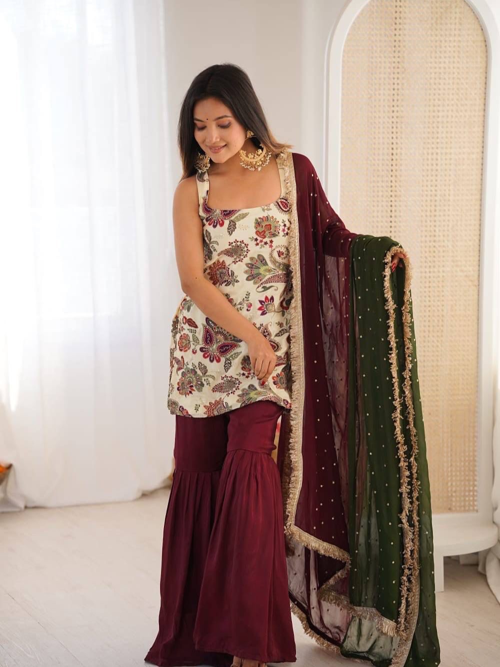 Designer sequin embroidered sleeveless sharara suit with dupatta set party wear