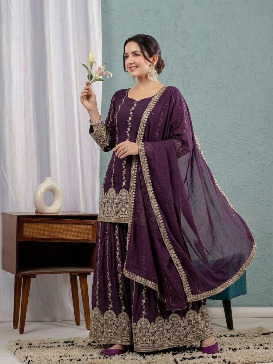 Women’s Crunchy Silk Sharara Suit Set Embroidered Kurta Dupatta Party Wear
