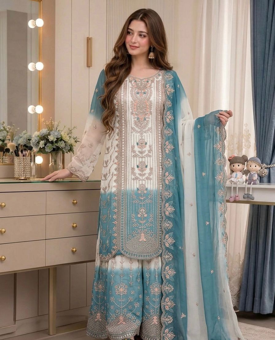Designer Star Georgette White Top Palazzo With Dupatta For Reception Wear