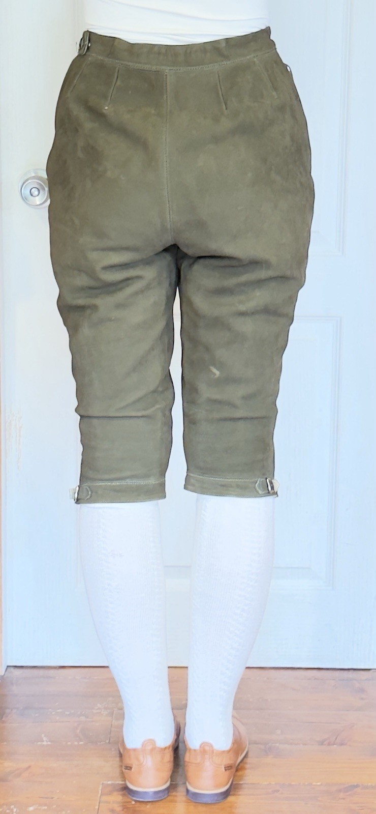 Olive LEATHER Lederhosen Pants Women German Bavarian Oktoberfest Waist 26”