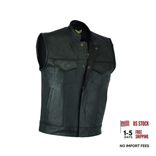 Mens Leather Motorcycle Vest | SOA Club Style X-Large Black (With Collar)
