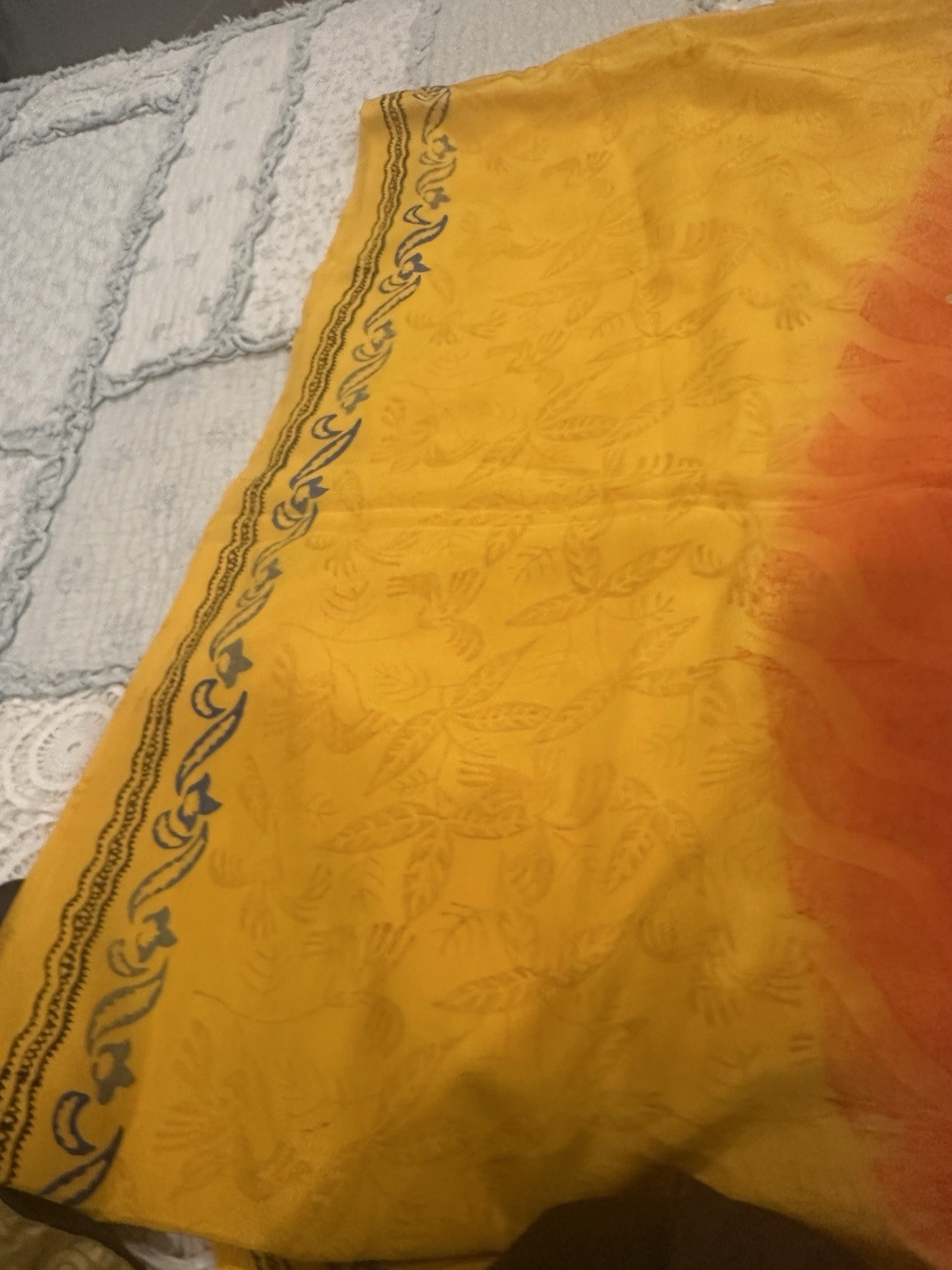 Very pretty Pure Crepe Silk Saree With Orange And Yellow Color And Small Border