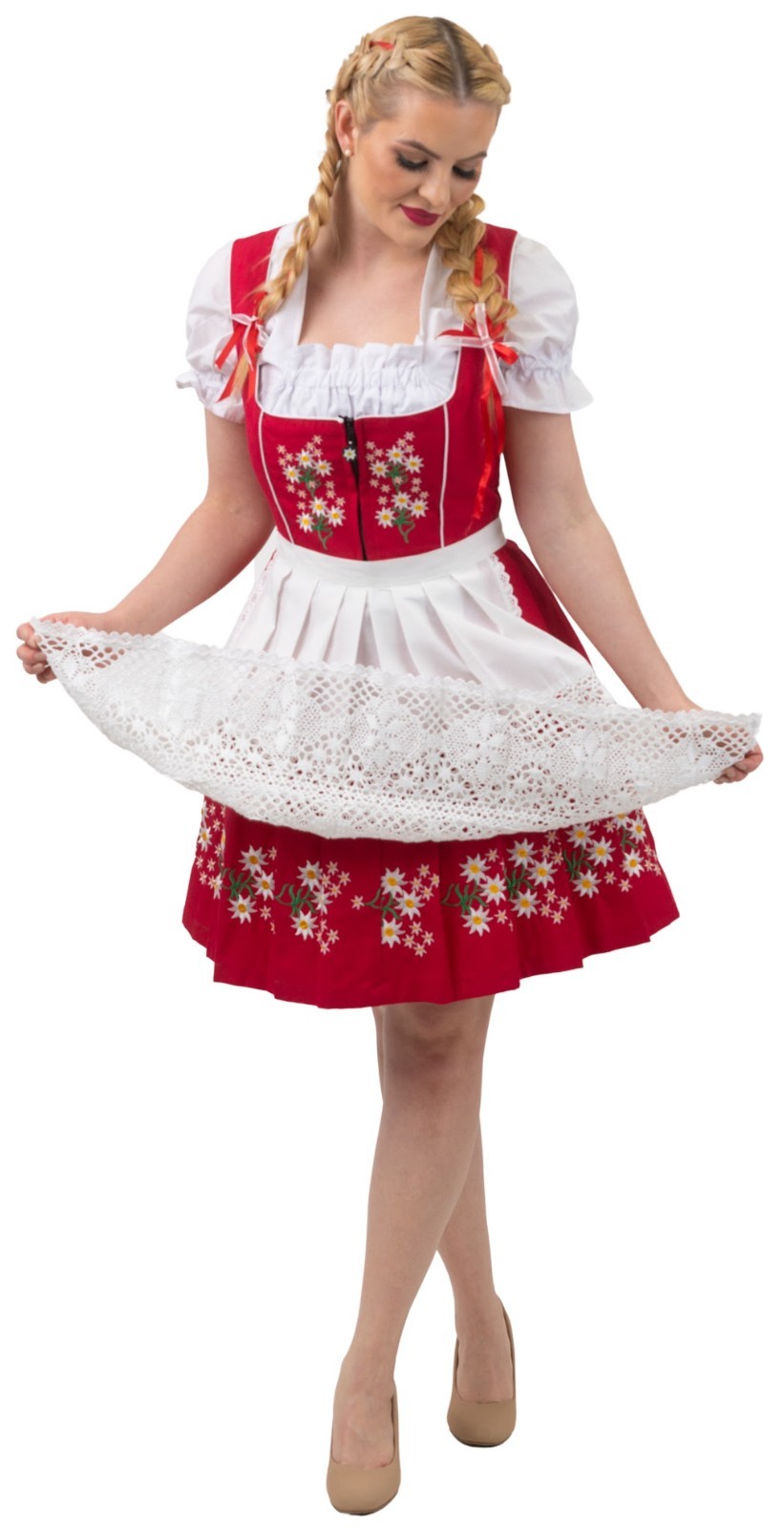 S 6 EMBROIDERY Short Red German Dirndl Dress Oktoberfest Waitress Holiday /3 Pcs