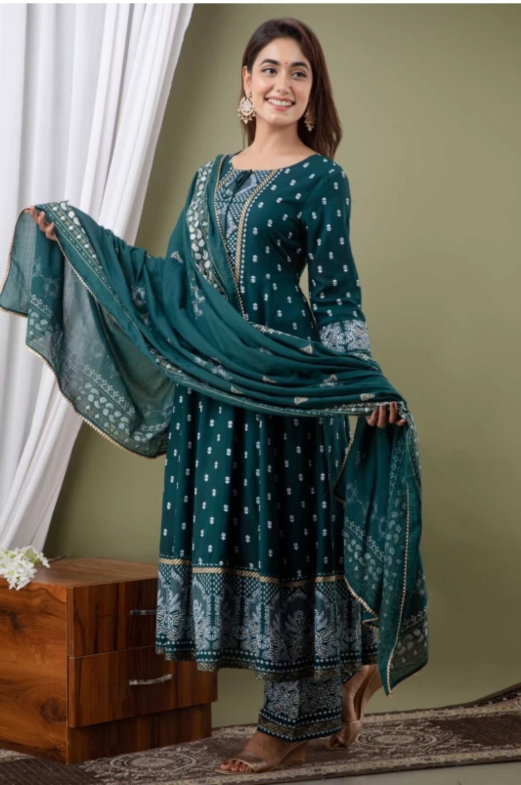 Women Indian Anarkali Floral Printed Viscose Rayon Kurta with Trousers & Dupatta